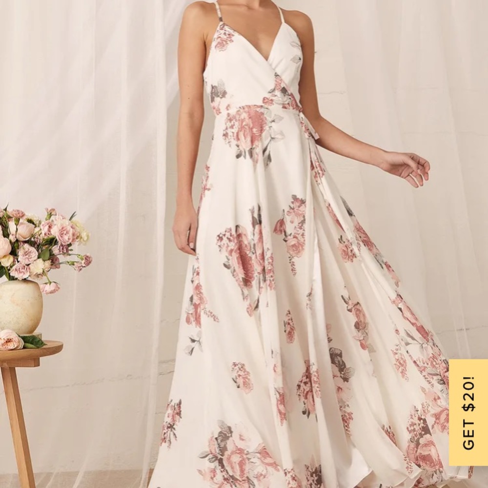 Lulu’s Elegantly Inclined Cream Floral Print Wrap Maxi Dress. size medium